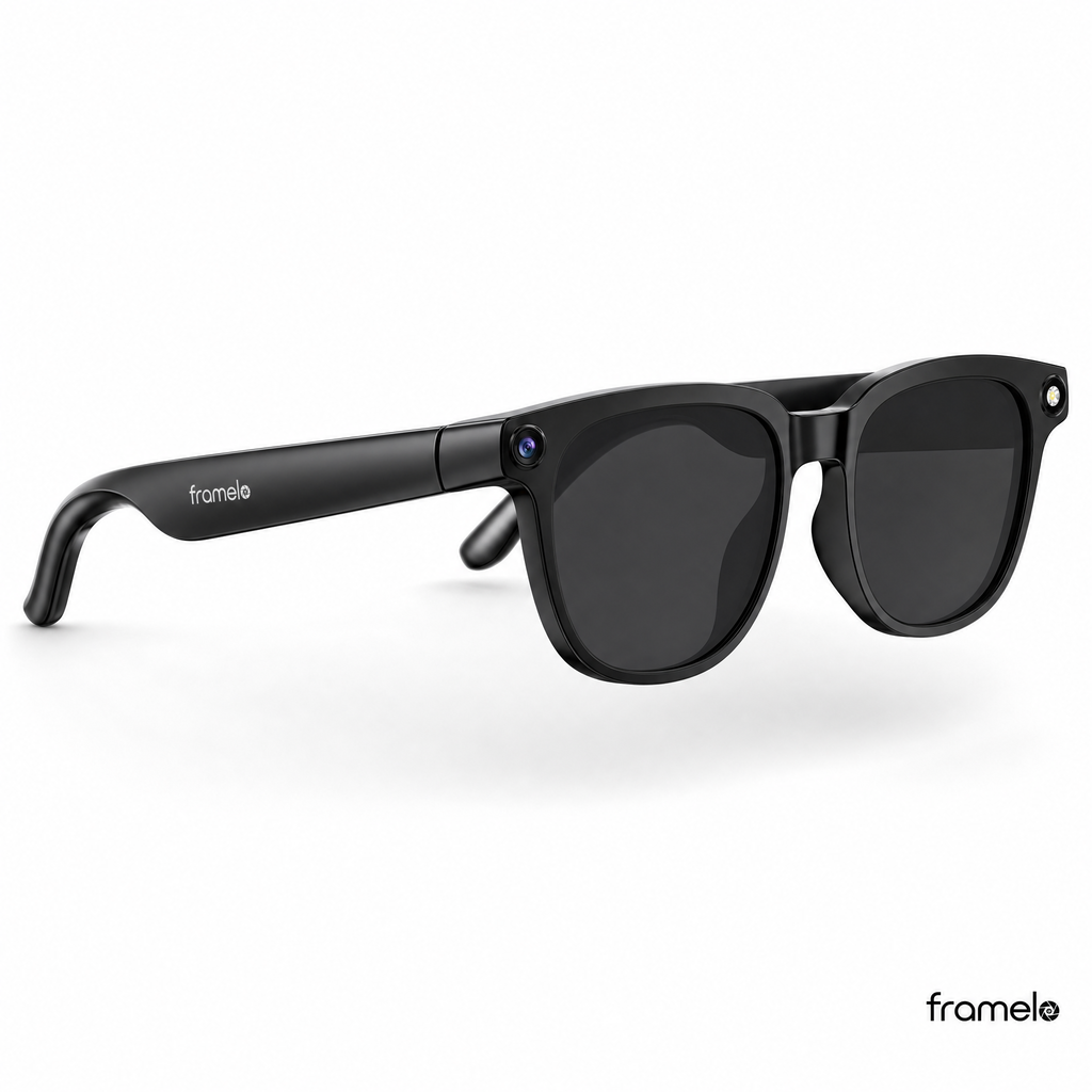 Framelo Black Square AI Smart Glasses hero shot, black tint lens