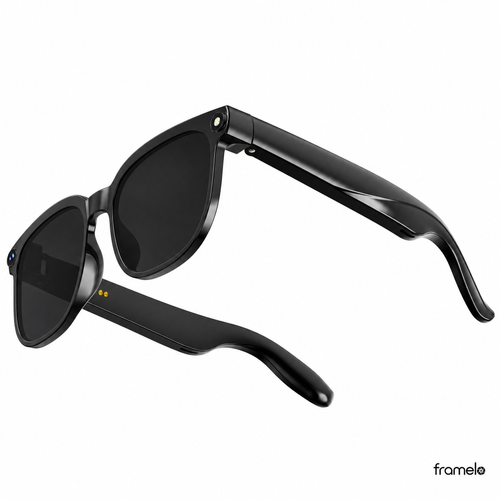 Framelo Black Square AI Smart Glasses hero shot, black tint lens