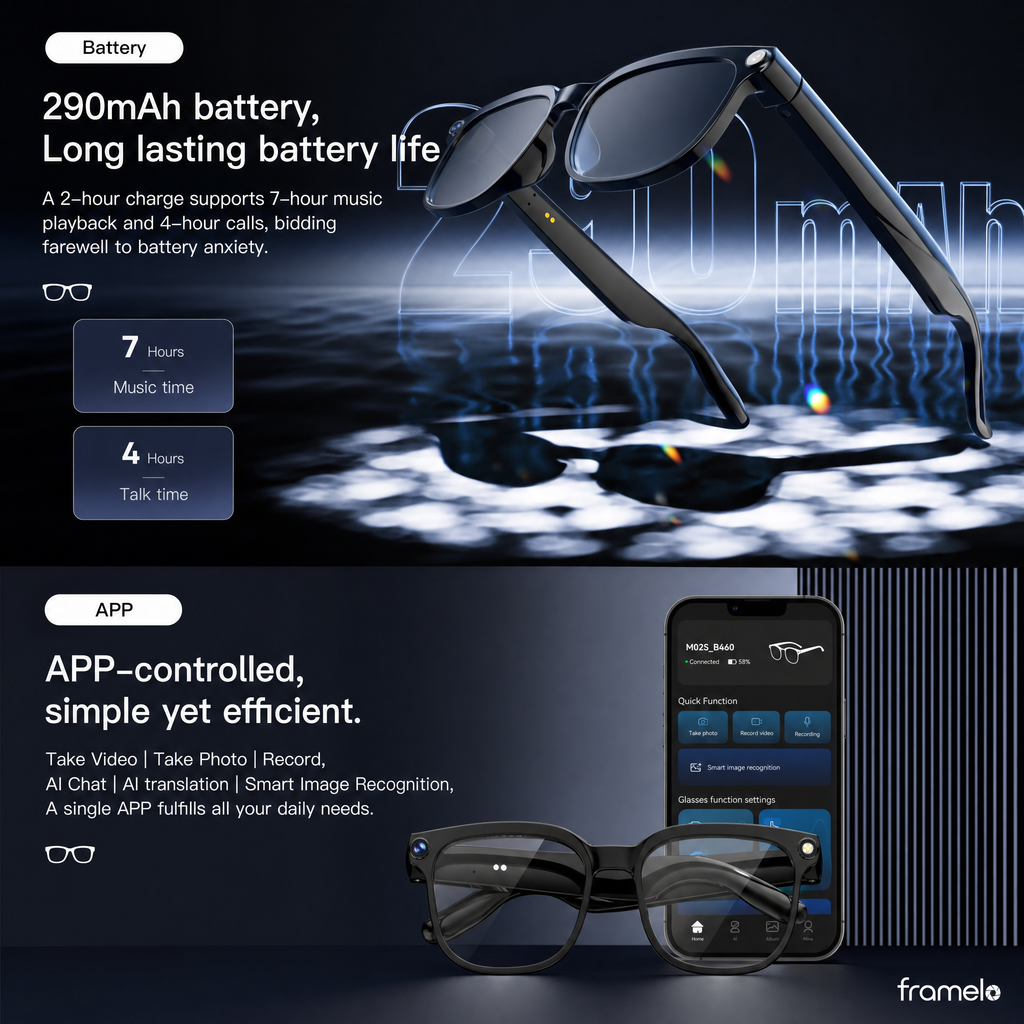 Framelo Black Square battery and companion app callout