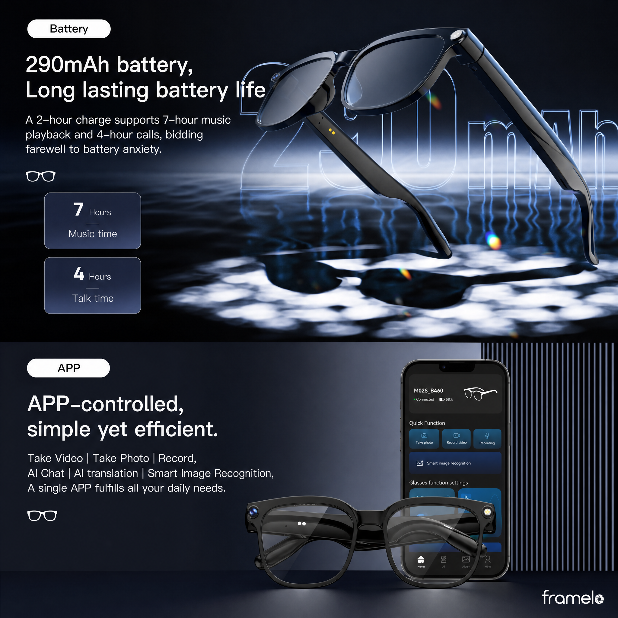 Framelo Black Square battery and companion app callout