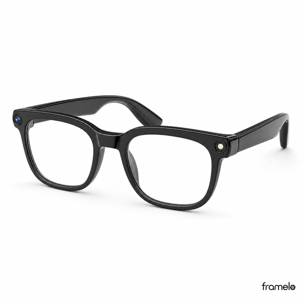 Framelo Black Square hero shot, clear lens variant