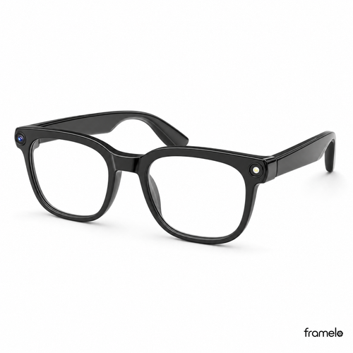 Framelo Black Square hero shot, clear lens variant