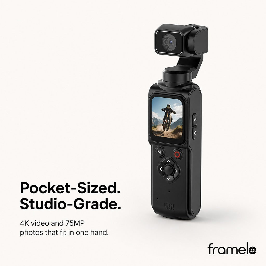 Framelo pocket 3-axis gimbal camera, black, front view