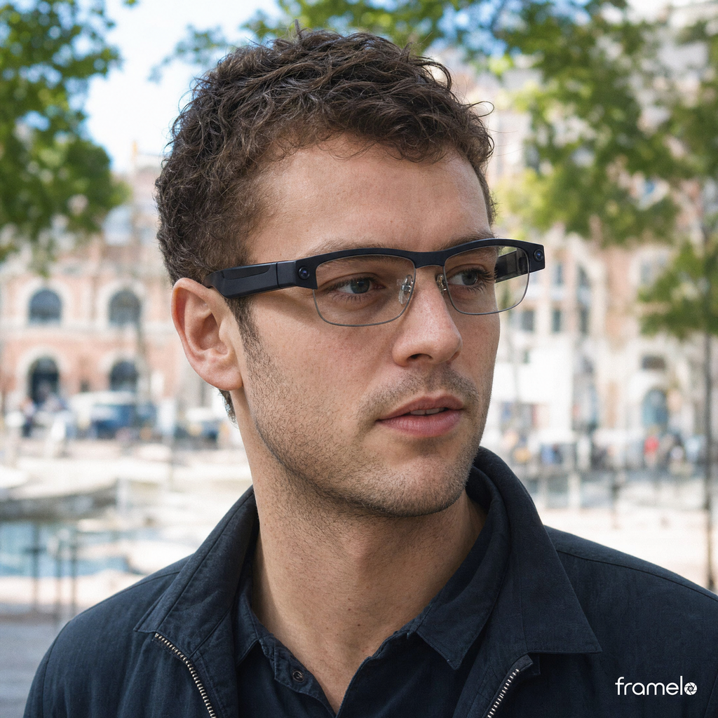 Framelo Half-Rim worn outdoors with tinted photochromic lens